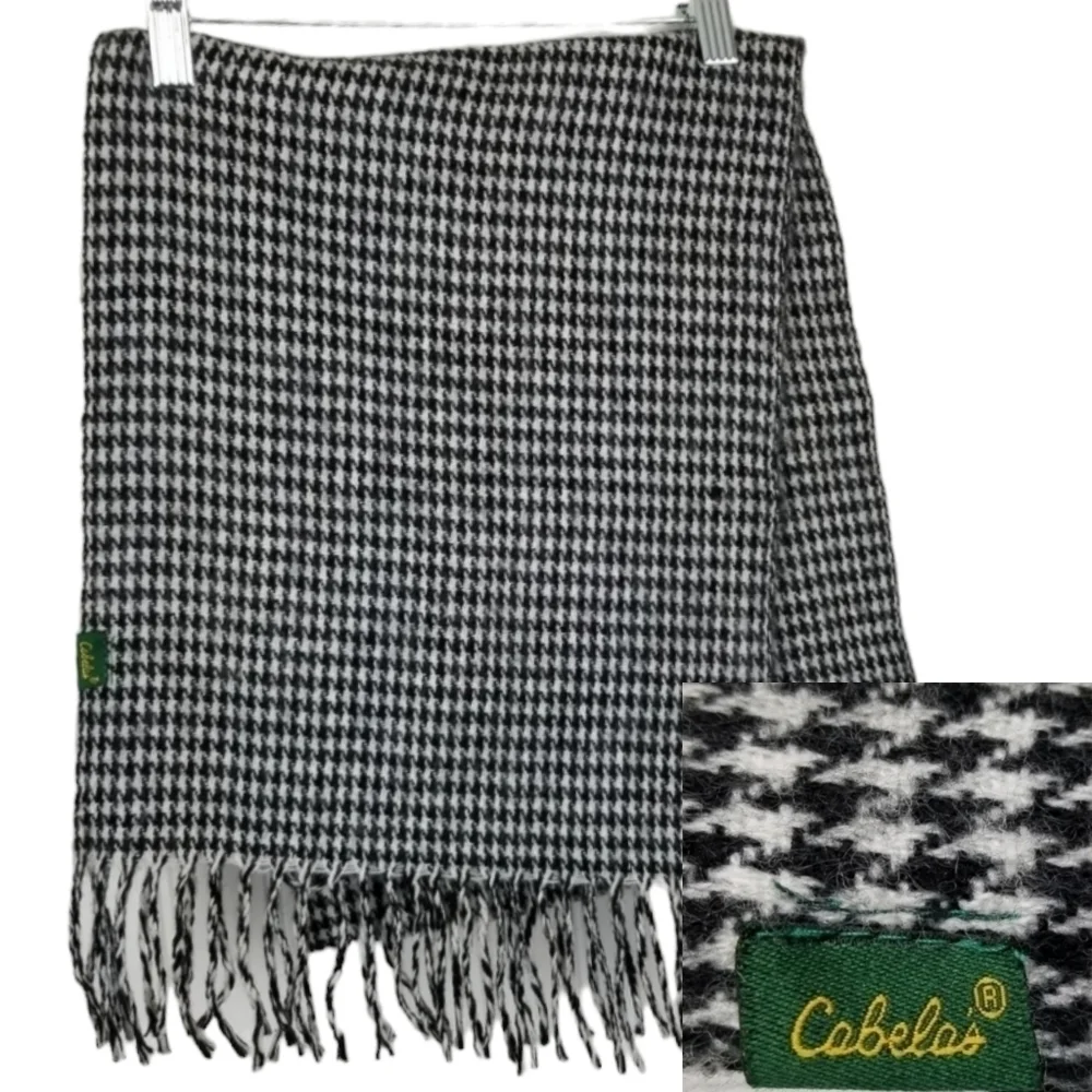 Cabela's Scarf Houndstooth Black White Twisted Fringe Soft Feel 12x60